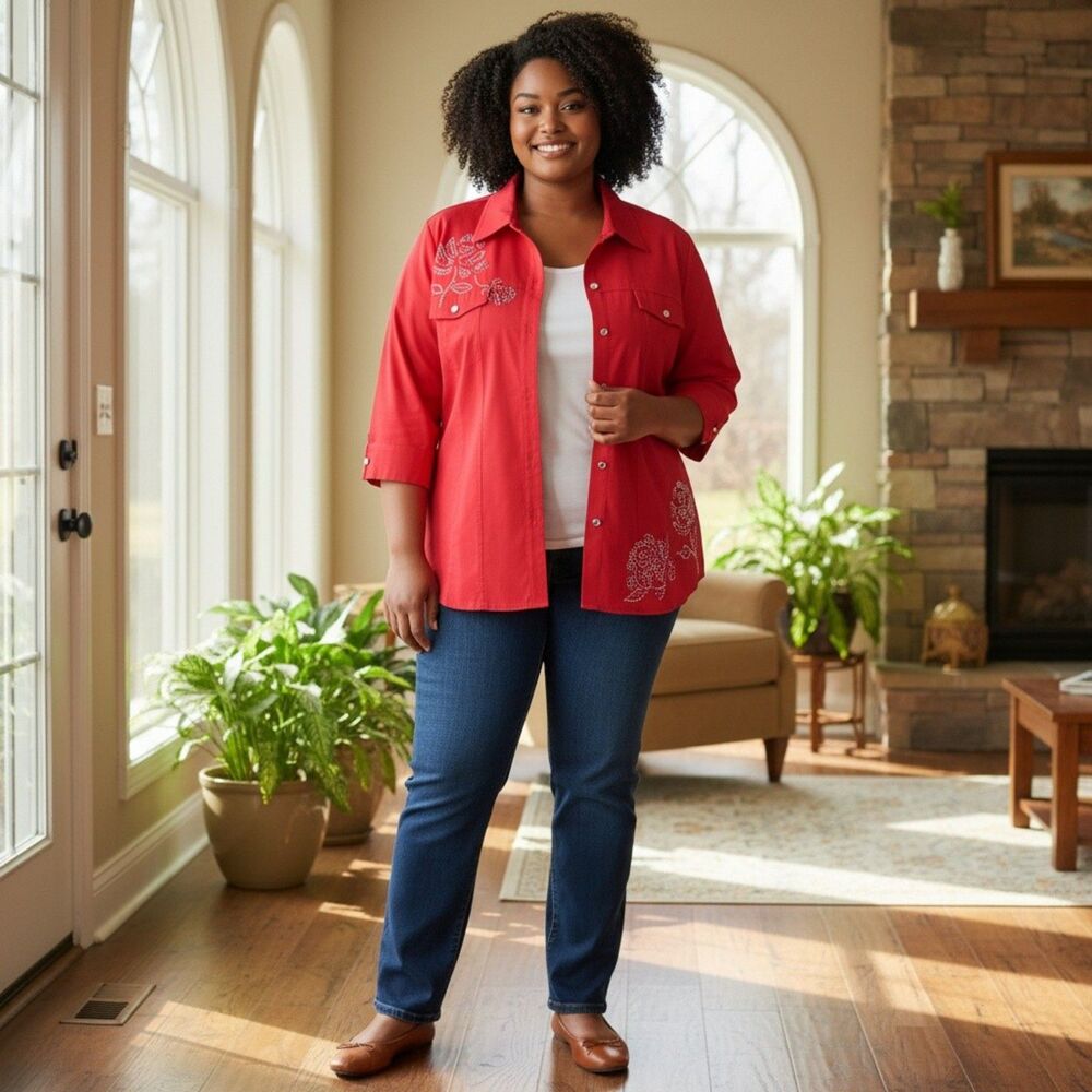 Quacker Factory Red Rhinestone Rose Button Up Shirt Jacket Plus Size 2X